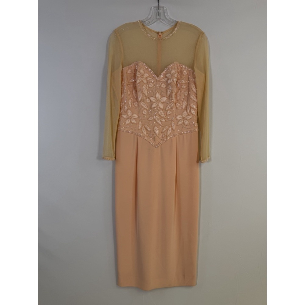 Vintage Black Tie Oleg Cassini Dress Peach Beaded Sz 8 Old Money Cocktail Formal
